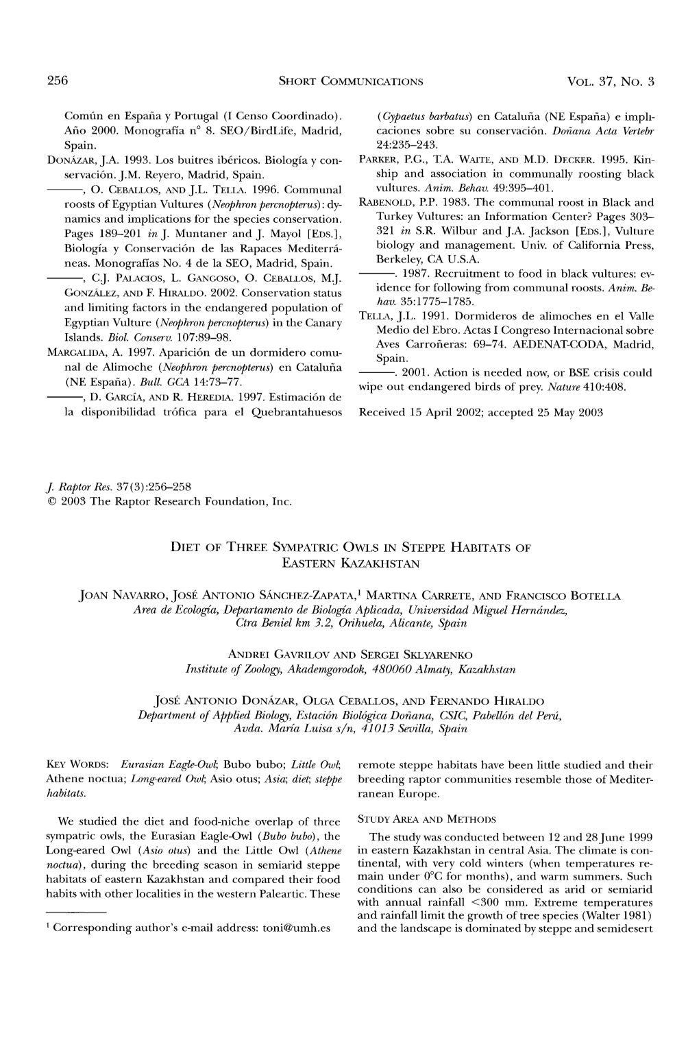 Diet of Three Sympatric Owls in Steppe Habitats of Eastern Kazakhstan