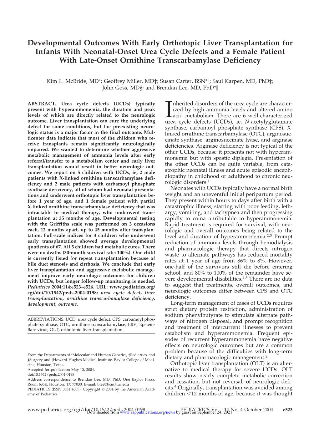 Developmental Outcomes with Early Orthotopic Liver Transplantation For