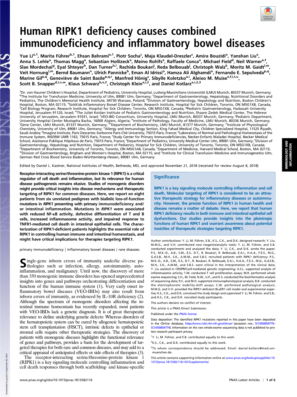 Human RIPK1 Deficiency Causes Combined Immunodeficiency and Inflammatory Bowel Diseases