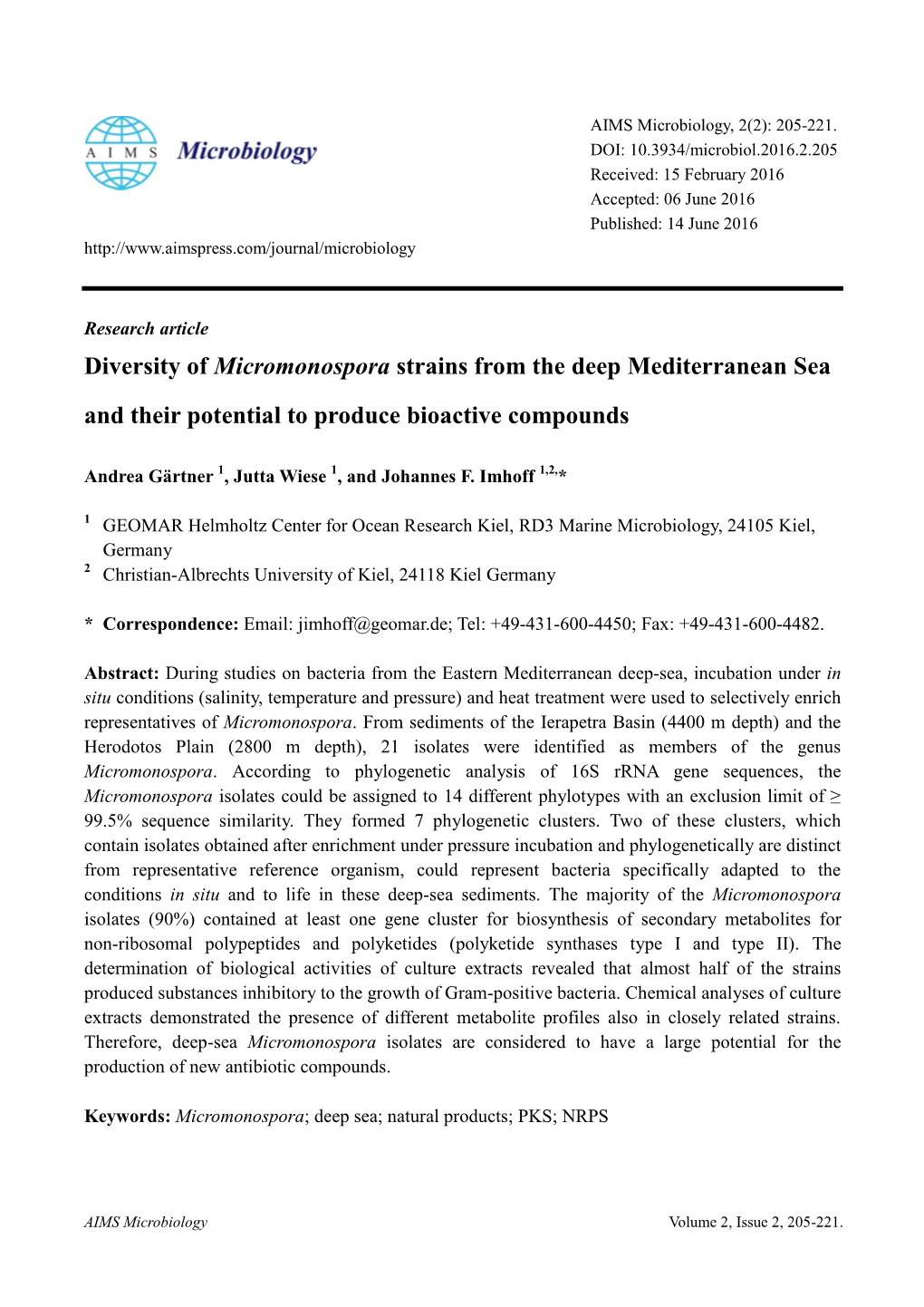 Diversity of Micromonospora Strains from the Deep Mediterranean Sea and Their Potential to Produce Bioactive Compounds