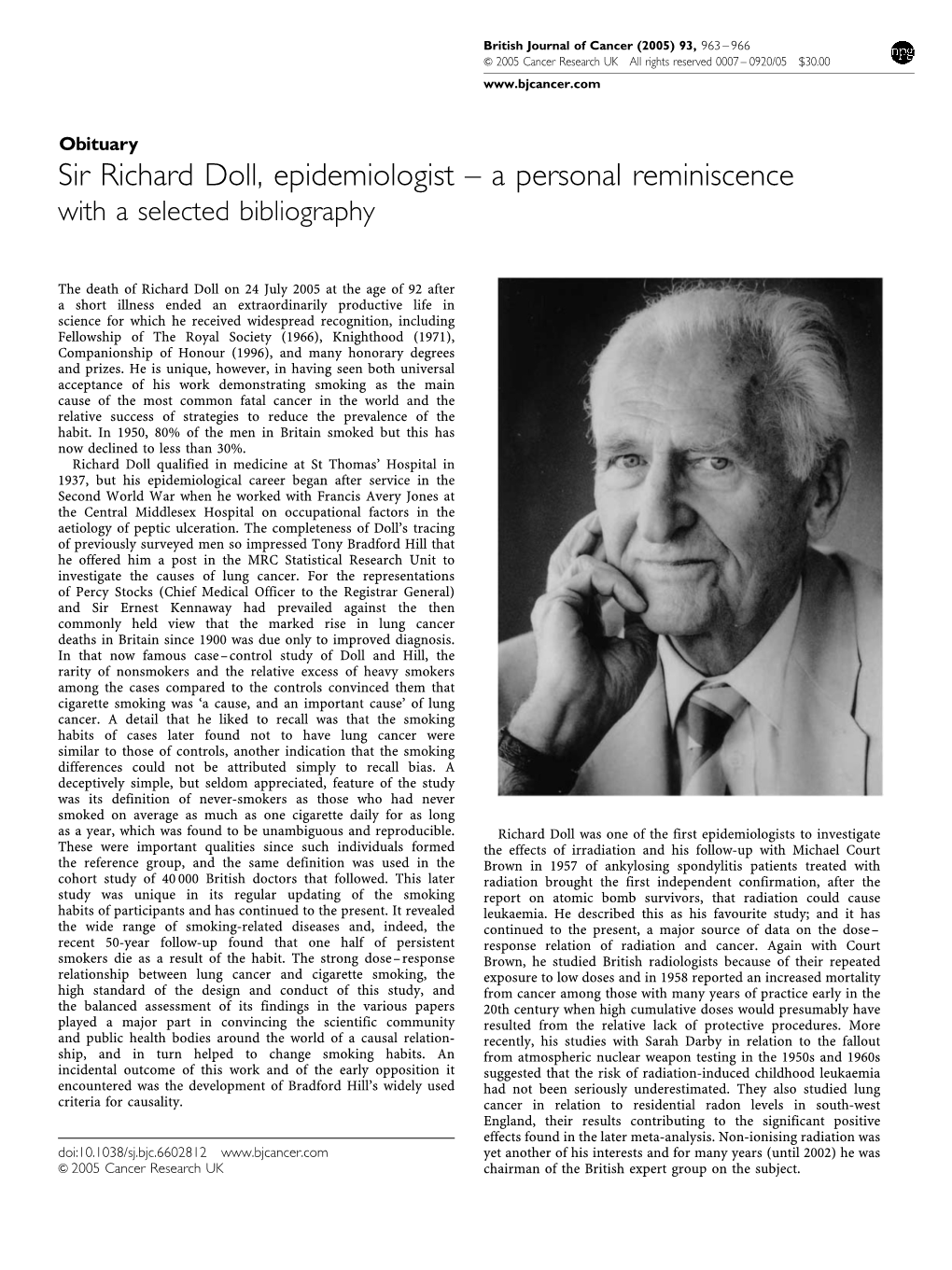 Sir Richard Doll, Epidemiologist – a Personal Reminiscence with a Selected Bibliography