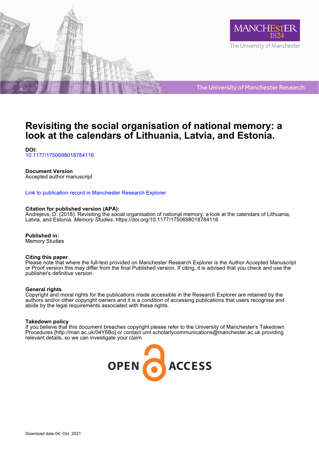 Revisiting the Social Organisation of National Memory: a Look at the Calendars of Lithuania, Latvia, and Estonia