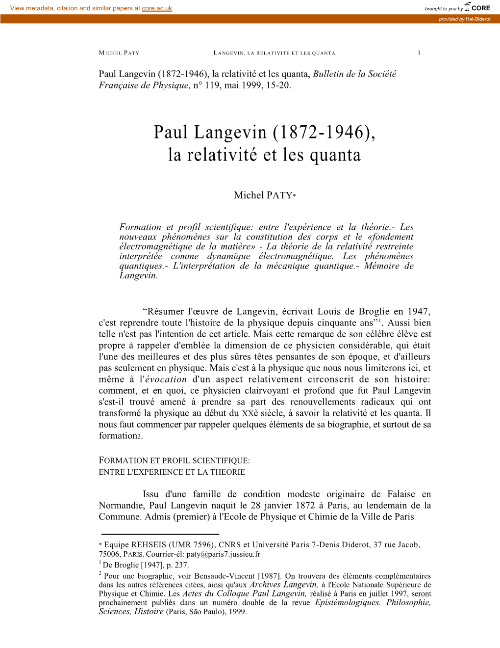 Paul Langevin (1872-1946), La Relativité Et Les Quanta, Bulletin De La Société Française De Physique, N° 119, Mai 1999, 15-20