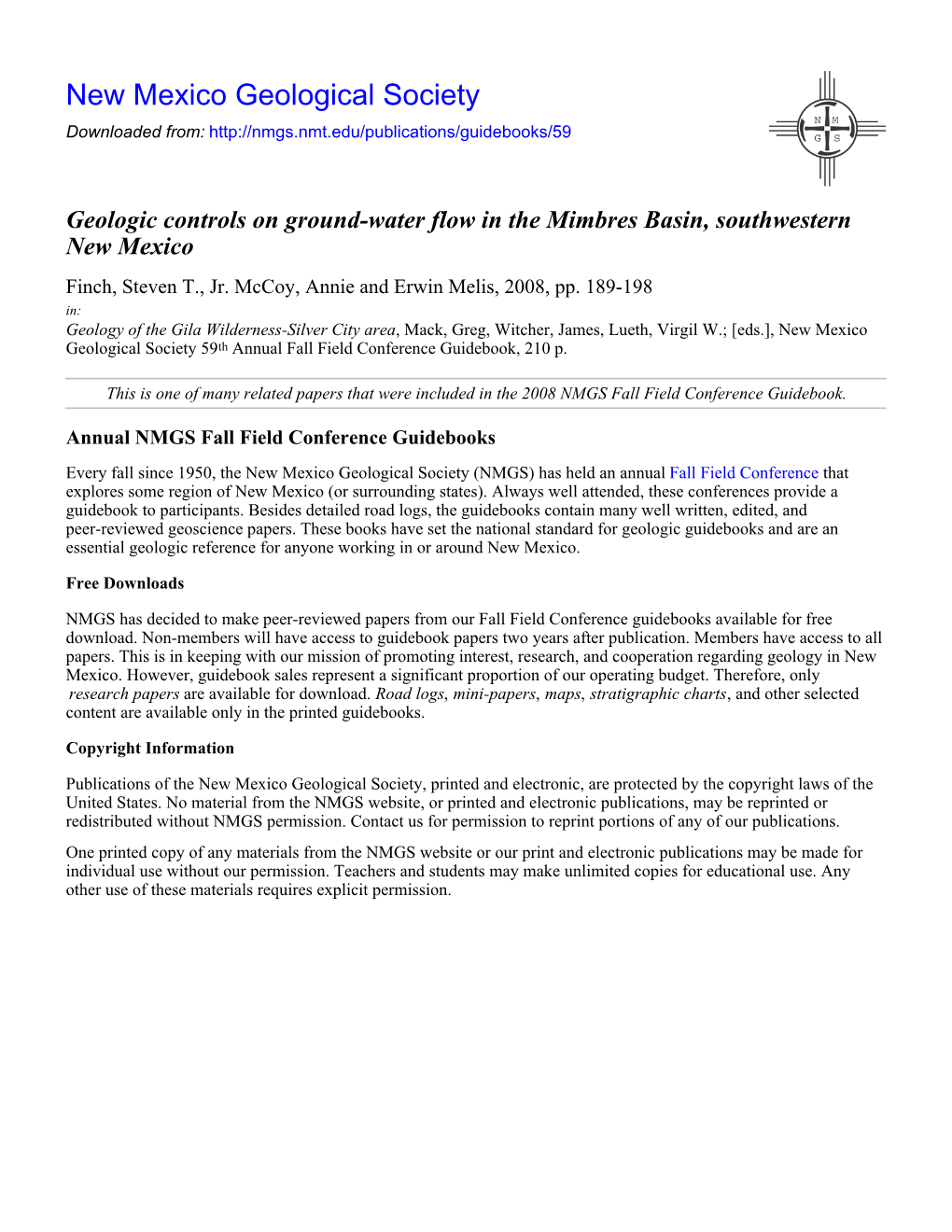 Geologic Controls on Ground-Water Flow in the Mimbres Basin, Southwestern New Mexico Finch, Steven T., Jr