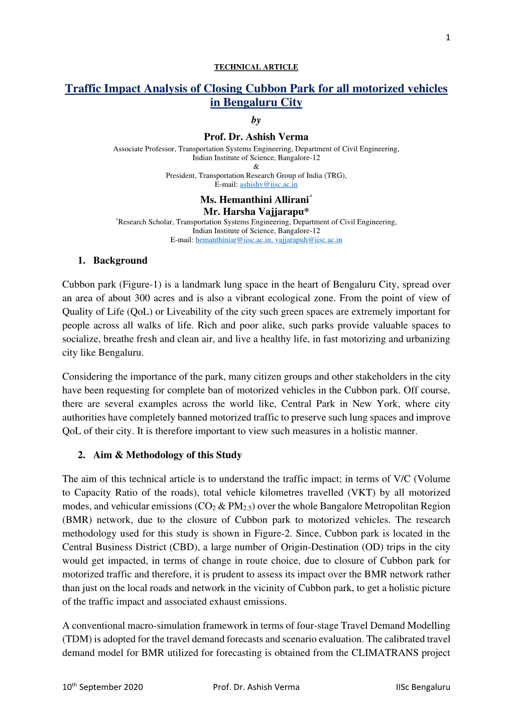 Traffic Impact Analysis of Closing Cubbon Park for All Motorized Vehicles in Bengaluru City