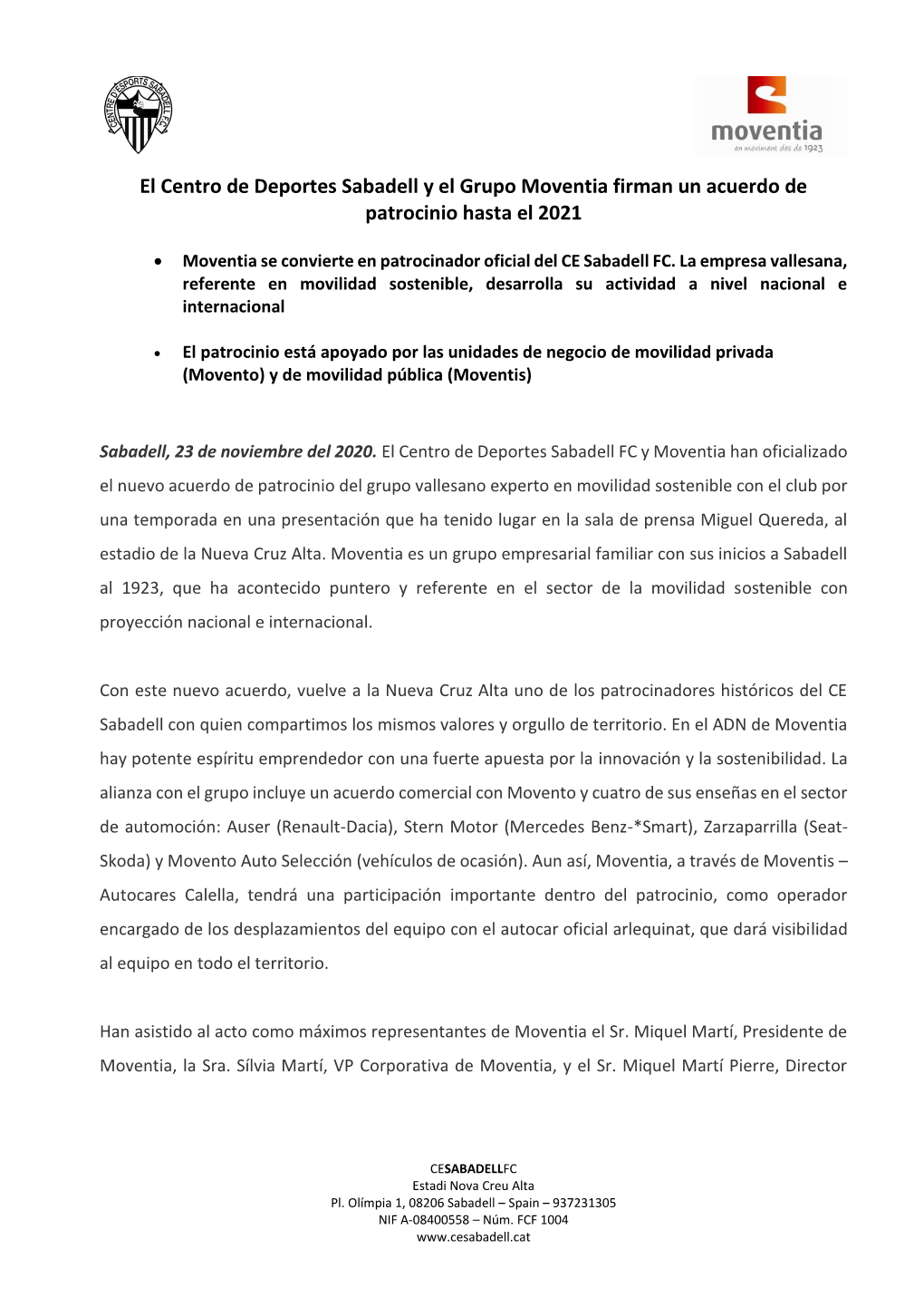 El Centro De Deportes Sabadell Y El Grupo Moventia Firman Un Acuerdo De Patrocinio Hasta El 2021
