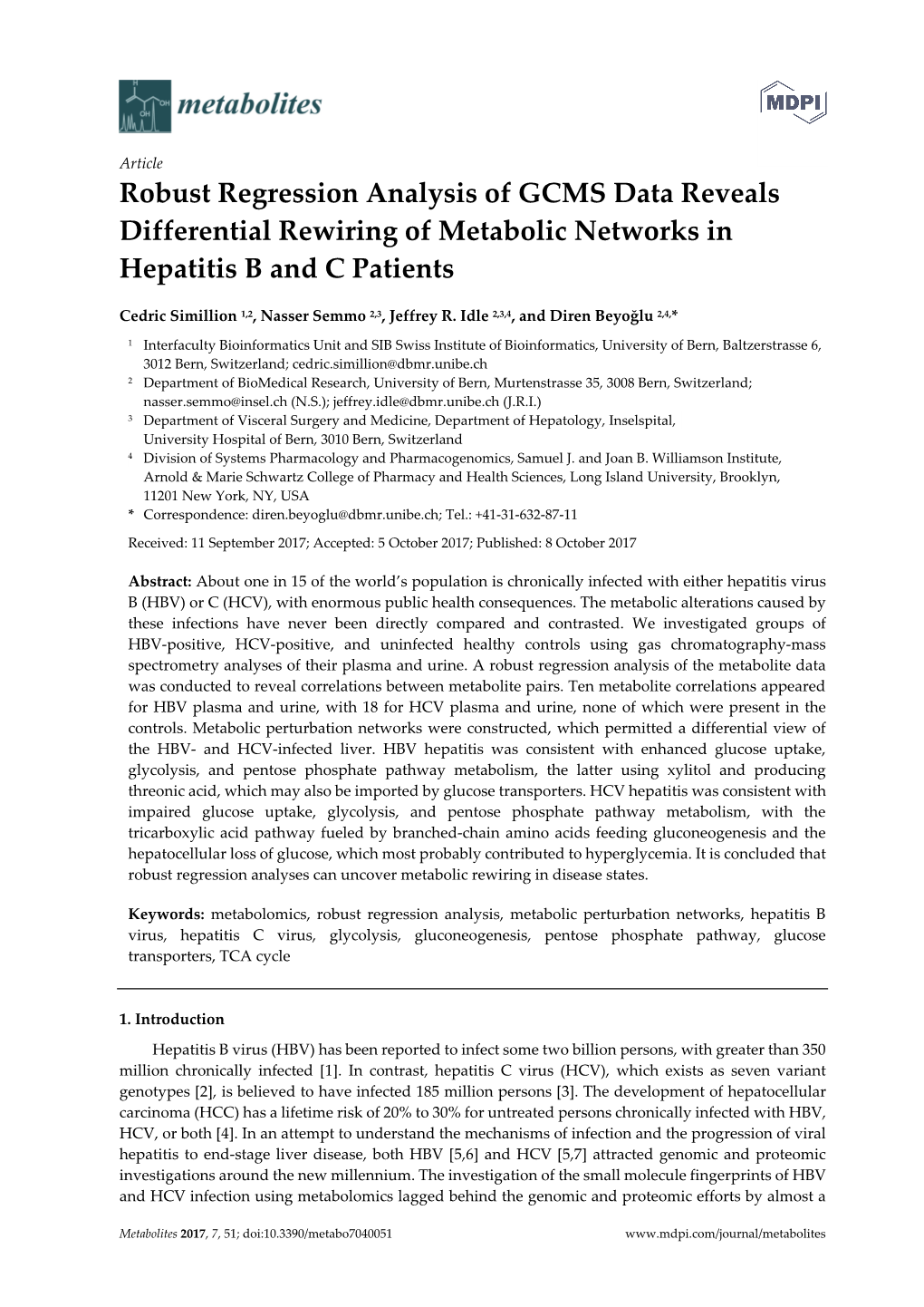 Robust Regression Analysis of GCMS Data Reveals Differential Rewiring of Metabolic Networks in Hepatitis B and C Patients