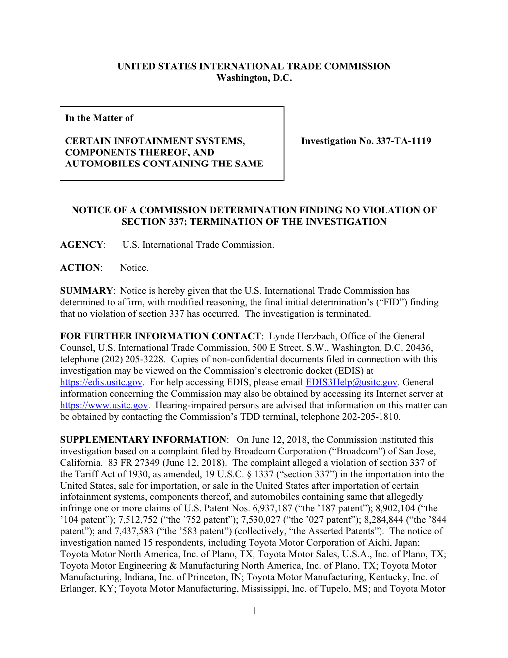 Certain Infotainment Systems, Components Thereof, and Automobiles Containing Same That Allegedly Infringe One Or More Claims of U.S