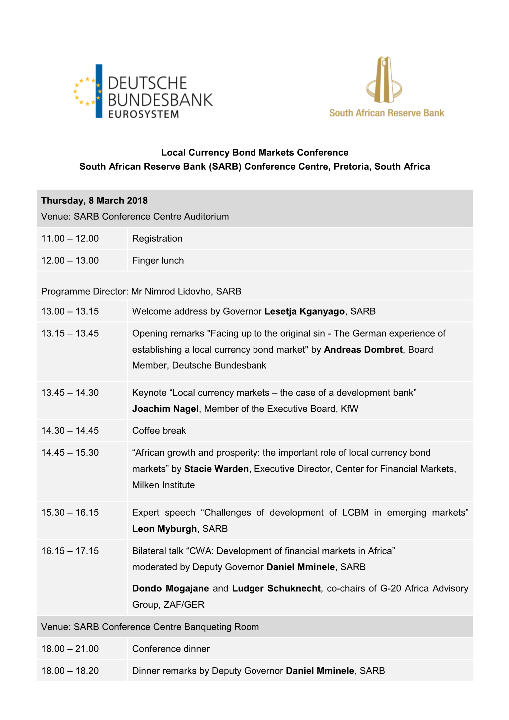 Local Currency Bond Markets Conference South African Reserve Bank (SARB) Conference Centre, Pretoria, South Africa