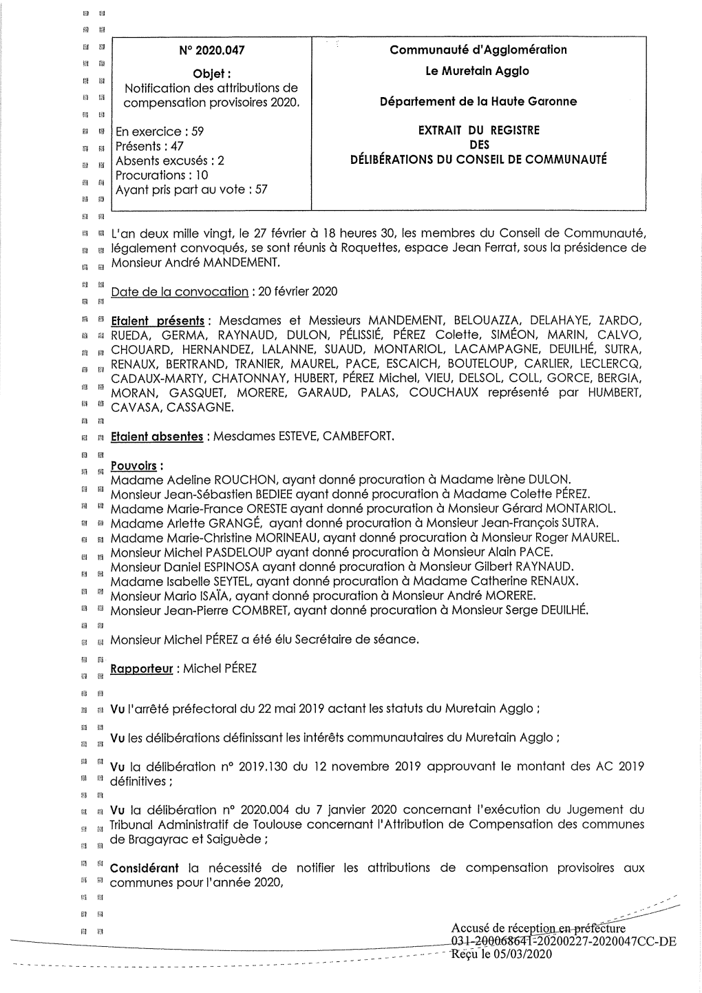 Accusé De Récepti21-Préfecture ______.0.3-T--206068B41=20200227-2020047CC-DE -� Réçû Le 05/03/2020 