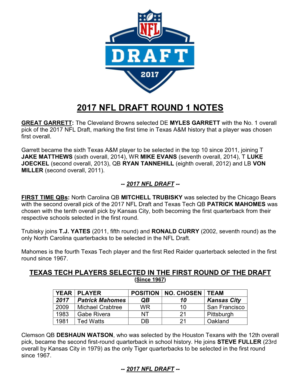 2017 Nfl Draft Round 1 Notes