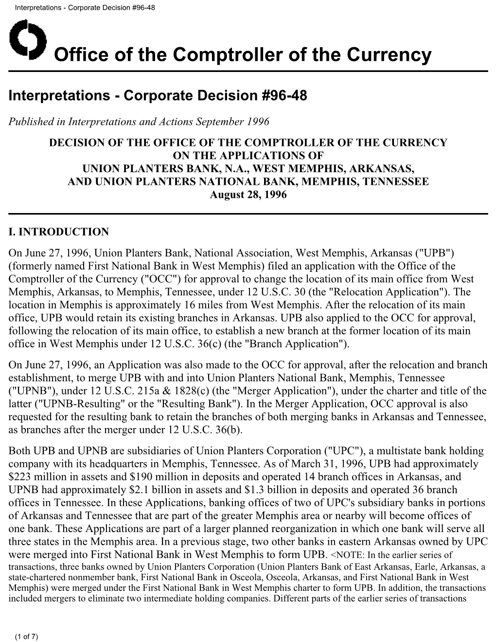 Interpretations - Corporate Decision #96-48