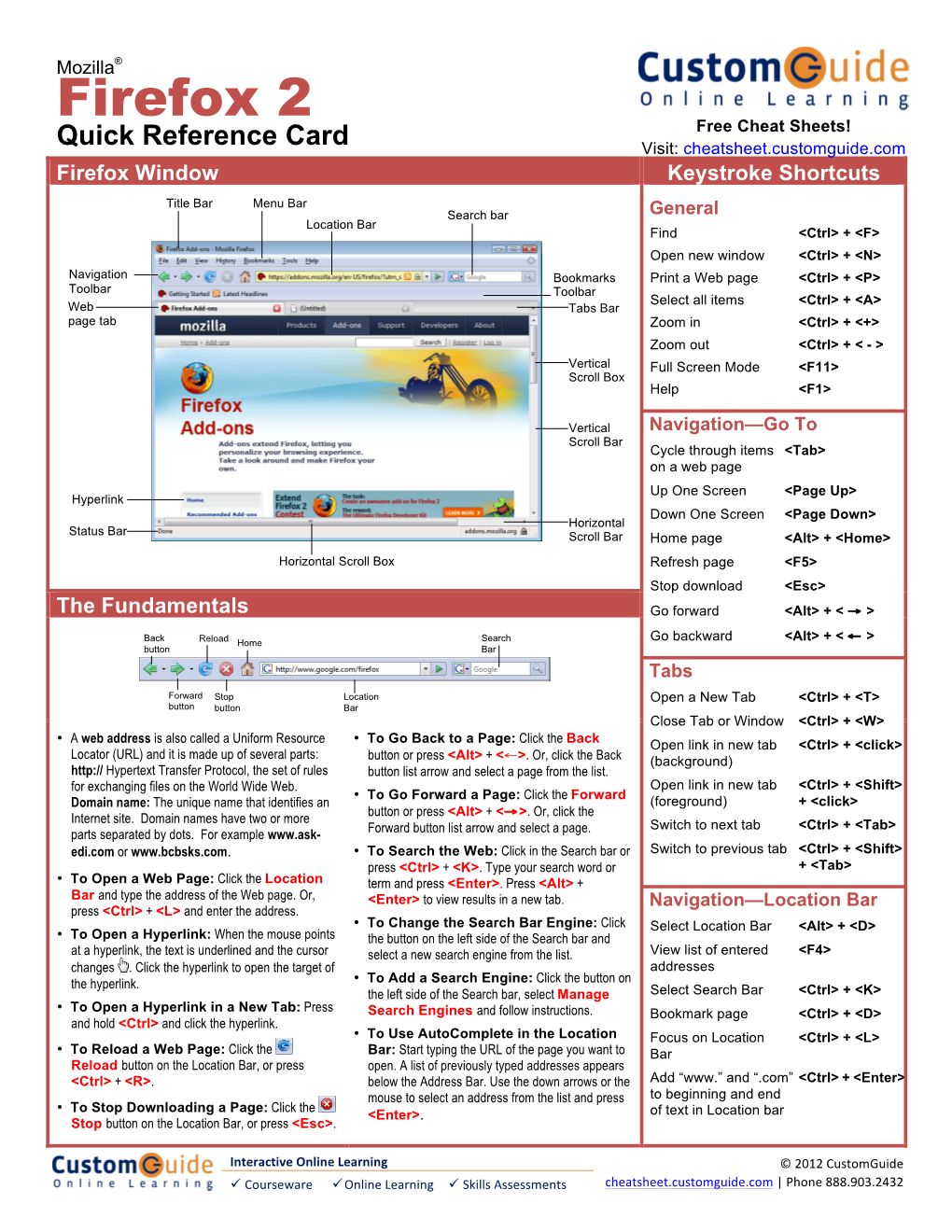 Firefox 2 Free Cheat Sheets! Quick Reference Card Visit: Cheatsheet.Customguide.Com Firefox Window Keystroke Shortcuts