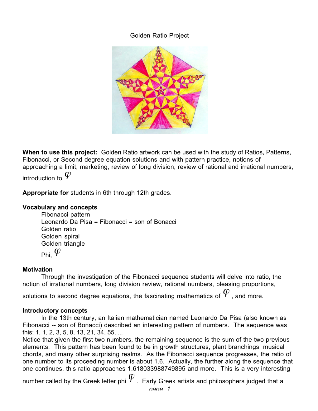 Page 1 Golden Ratio Project When to Use This Project