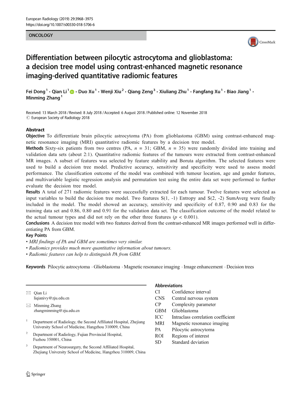 Differentiation Between Pilocytic Astrocytoma and Glioblastoma: a Decision Tree Model Using Contrast-Enhanced Magnetic Resonance