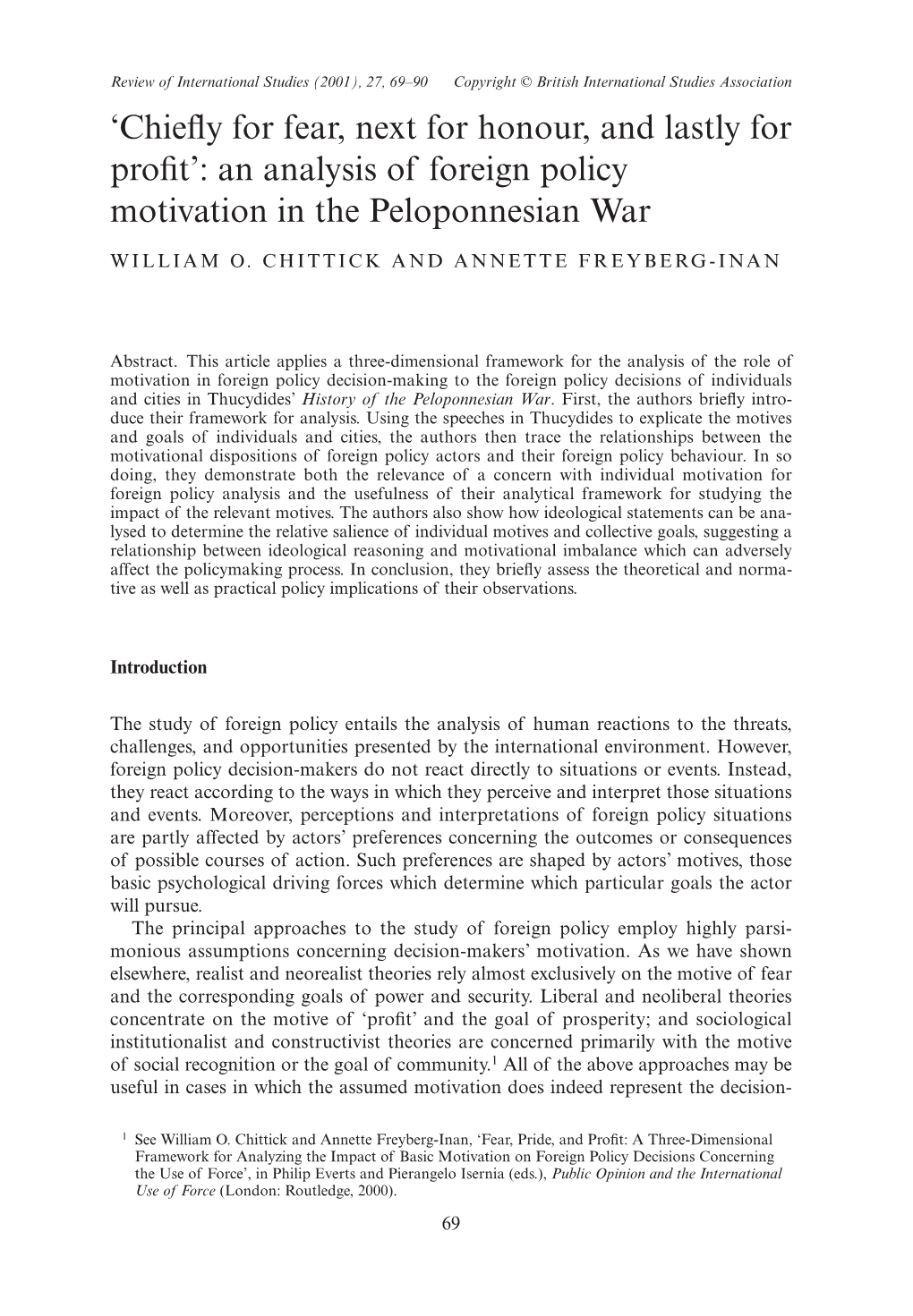 An Analysis of Foreign Policy Motivation in the Peloponnesian War