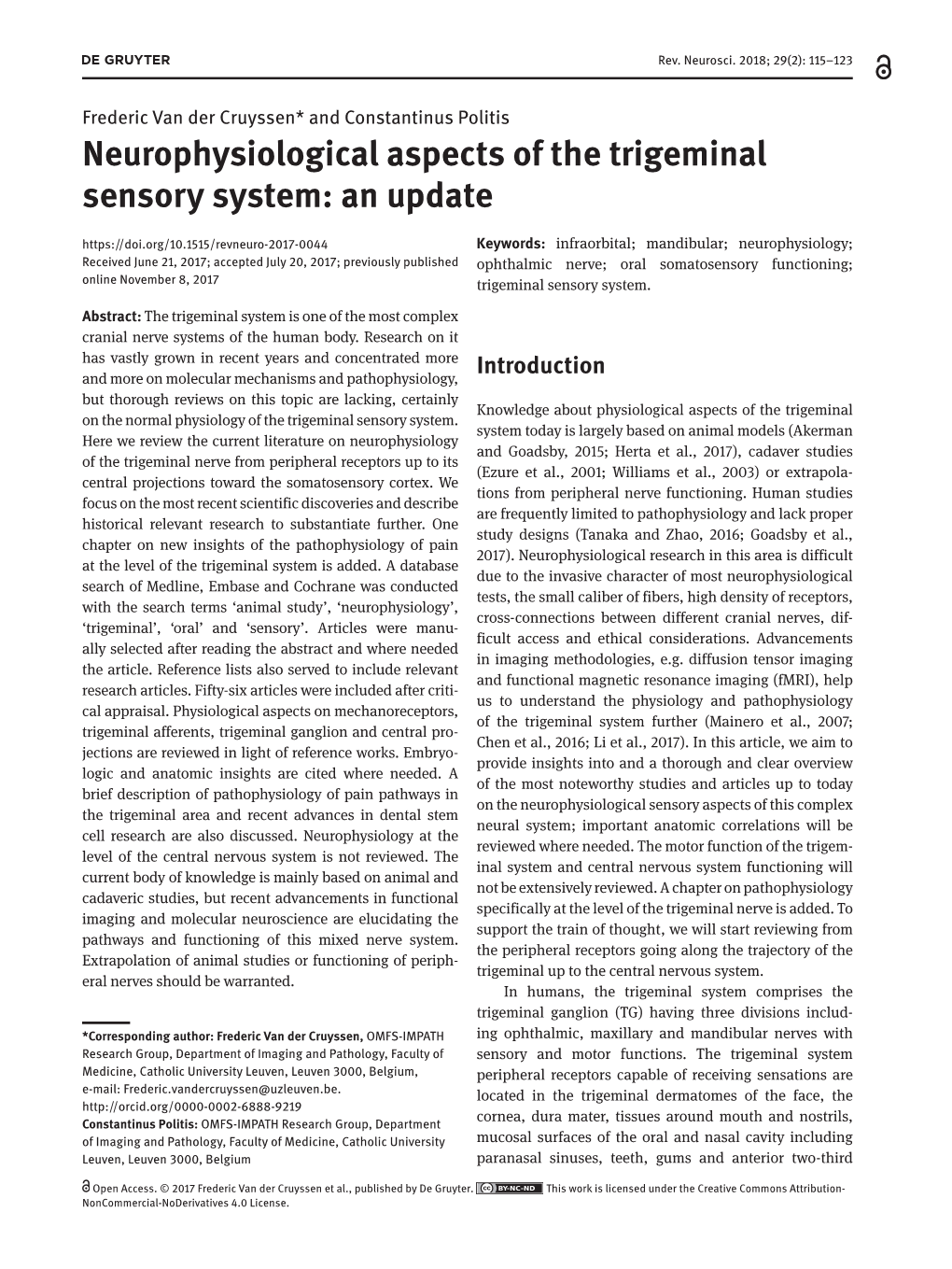 Neurophysiological Aspects of the Trigeminal Sensory System: an Update