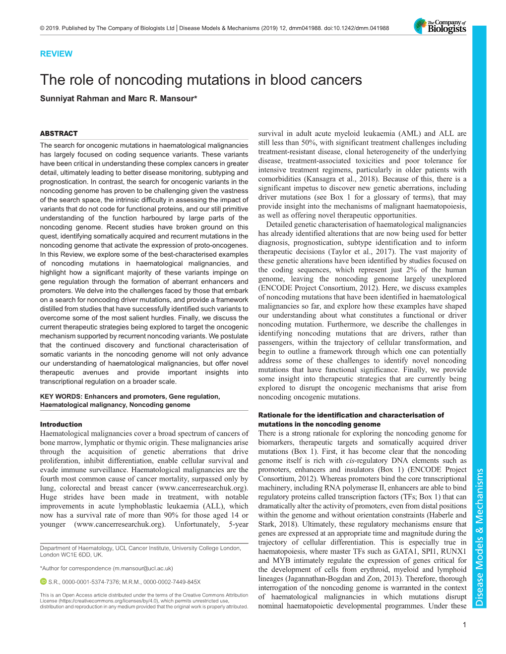 The Role of Noncoding Mutations in Blood Cancers Sunniyat Rahman and Marc R