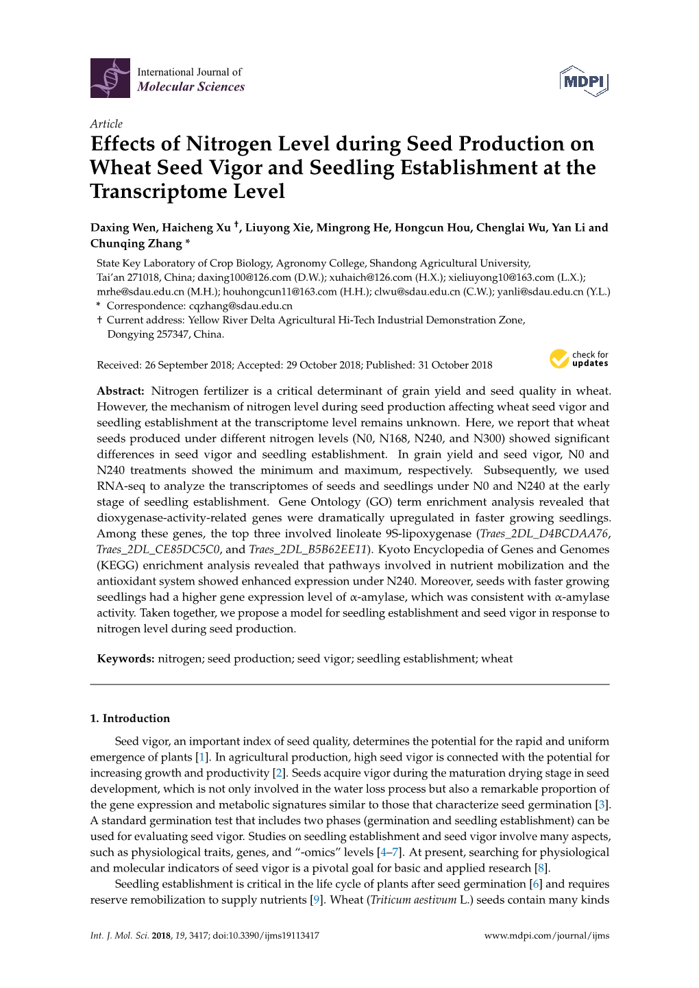 Effects of Nitrogen Level During Seed Production on Wheat Seed Vigor and Seedling Establishment at the Transcriptome Level