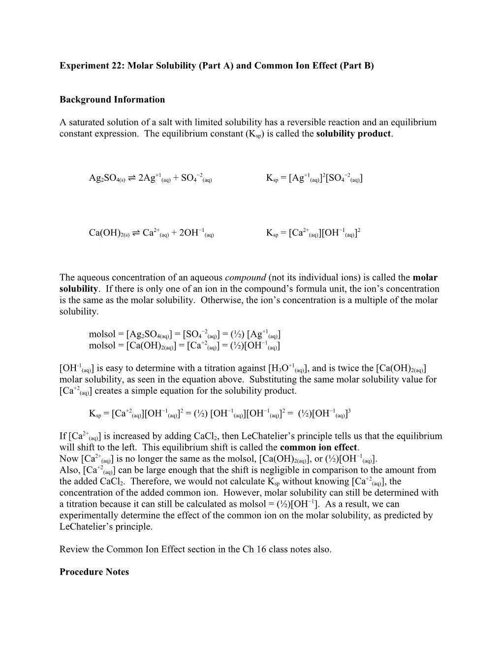 Experiment 29: Molar Solubility (Part A) and Common Ion Effect (Part B)