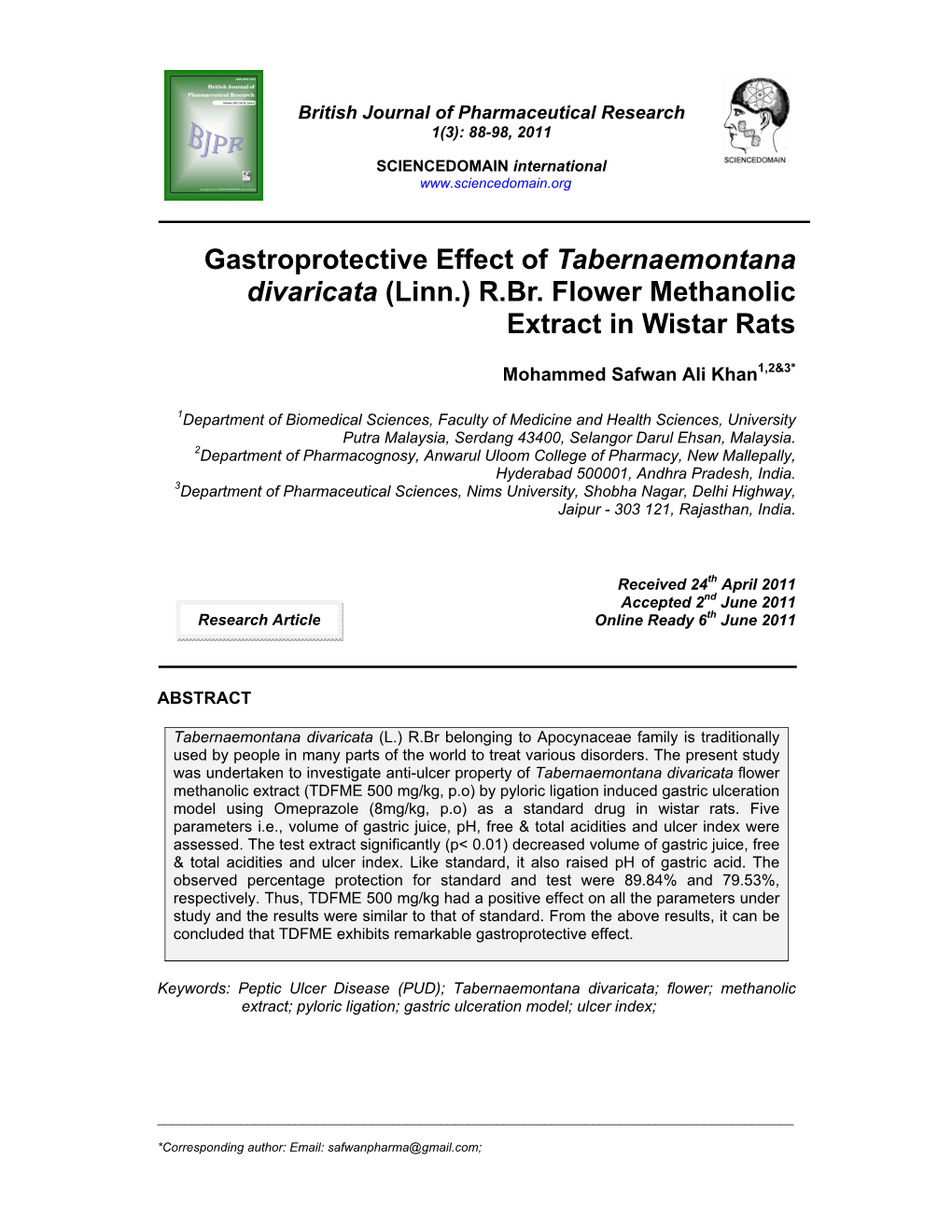 Gastroprotective Effect of Tabernaemontana Divaricata (Linn.) R.Br