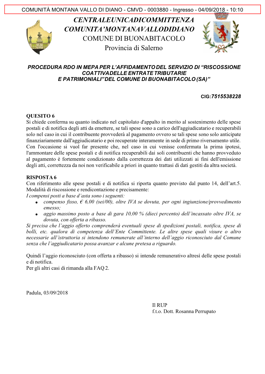 CENTRALEUNICADICOMMITTENZA COMUNITA’MONTANAVALLODIDIANO COMUNE DI BUONABITACOLO Provincia Di Salerno