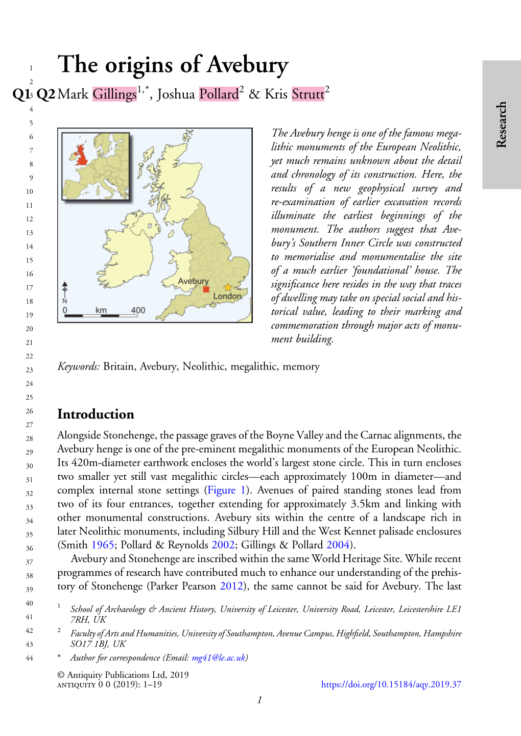 The Origins of Avebury 2 1,* 2 2 Q13 Q2mark Gillings , Joshua Pollard & Kris Strutt 4 5 6 the Avebury Henge Is One of the Famous Mega