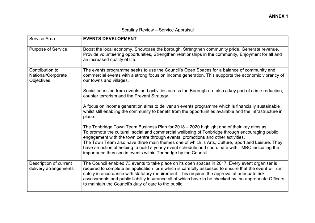 ANNEX 1 Scrutiny Review – Service Appraisal Service Area EVENTS