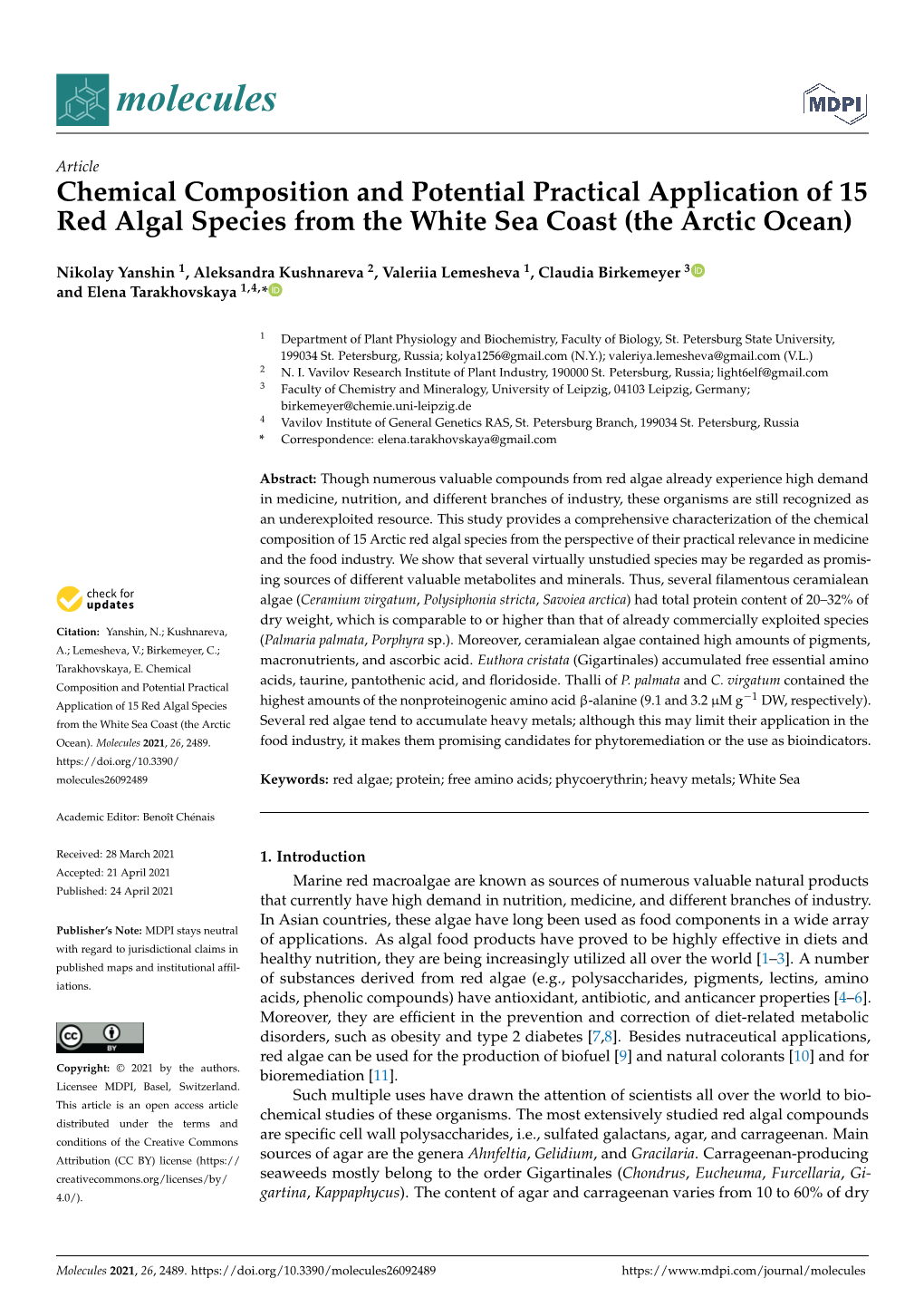 Chemical Composition and Potential Practical Application of 15 Red Algal Species from the White Sea Coast (The Arctic Ocean)