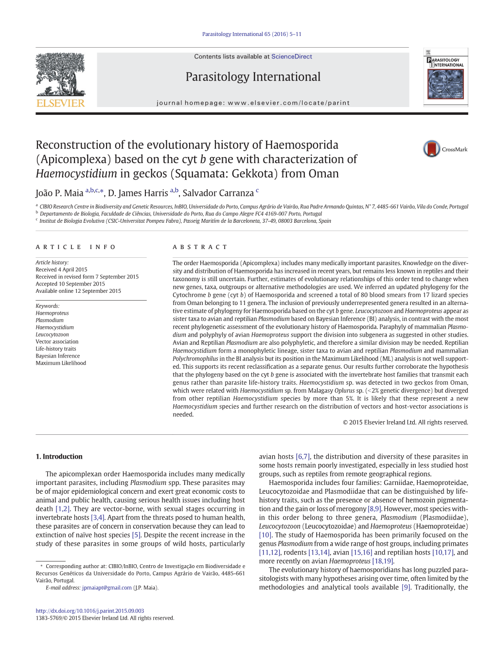 Reconstruction of the Evolutionary History of Haemosporida