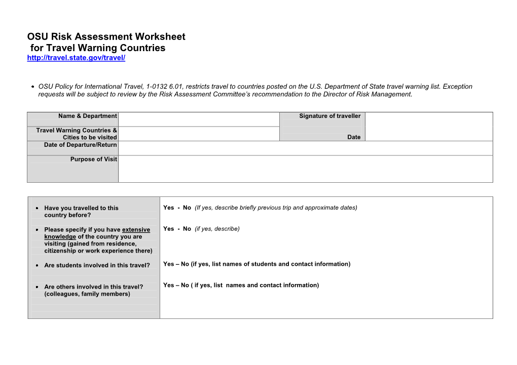 OSU Risk Assessment Worksheet for Countries with a Travel Advisory 3