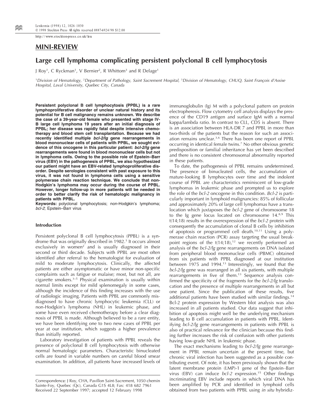 MINI-REVIEW Large Cell Lymphoma Complicating Persistent Polyclonal B