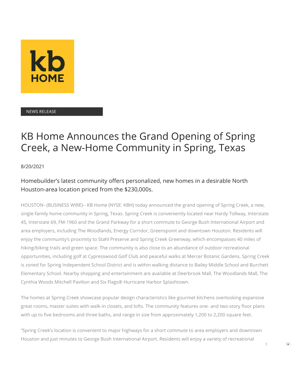 KB Home Announces the Grand Opening of Spring Creek, a New-Home Community in Spring, Texas