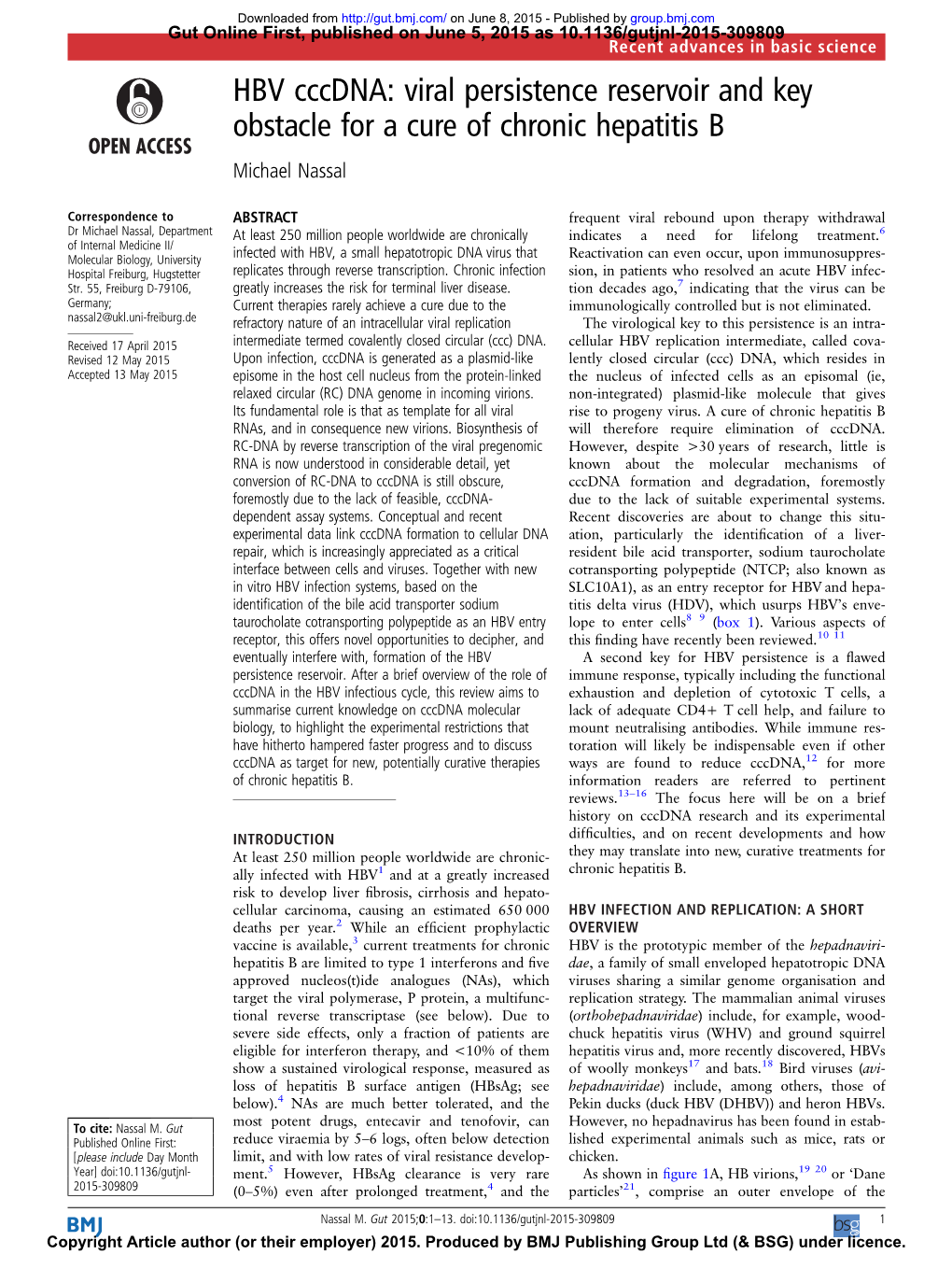 HBV Cccdna: Viral Persistence Reservoir and Key Obstacle for a Cure of Chronic Hepatitis B Michael Nassal