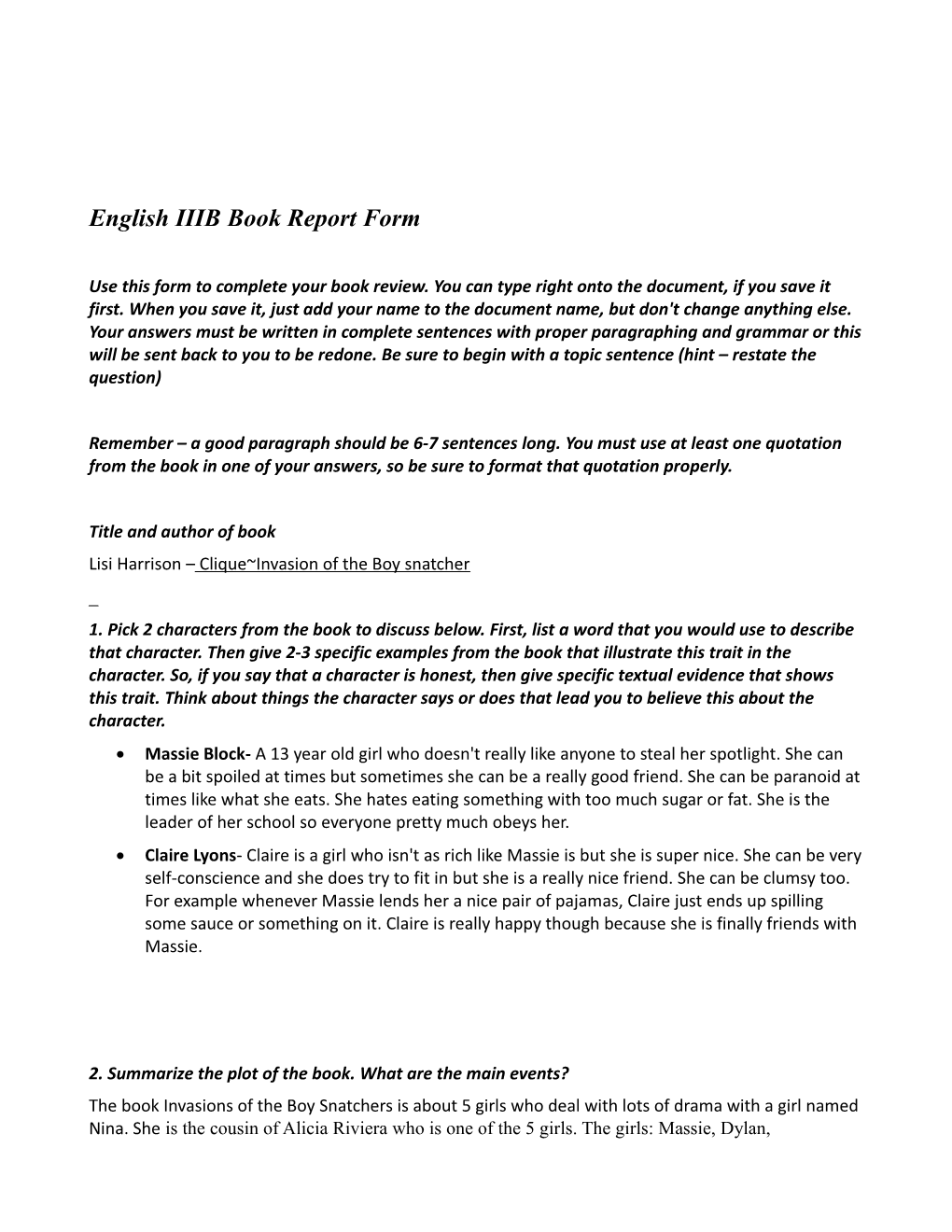 English IIIB Book Report Form