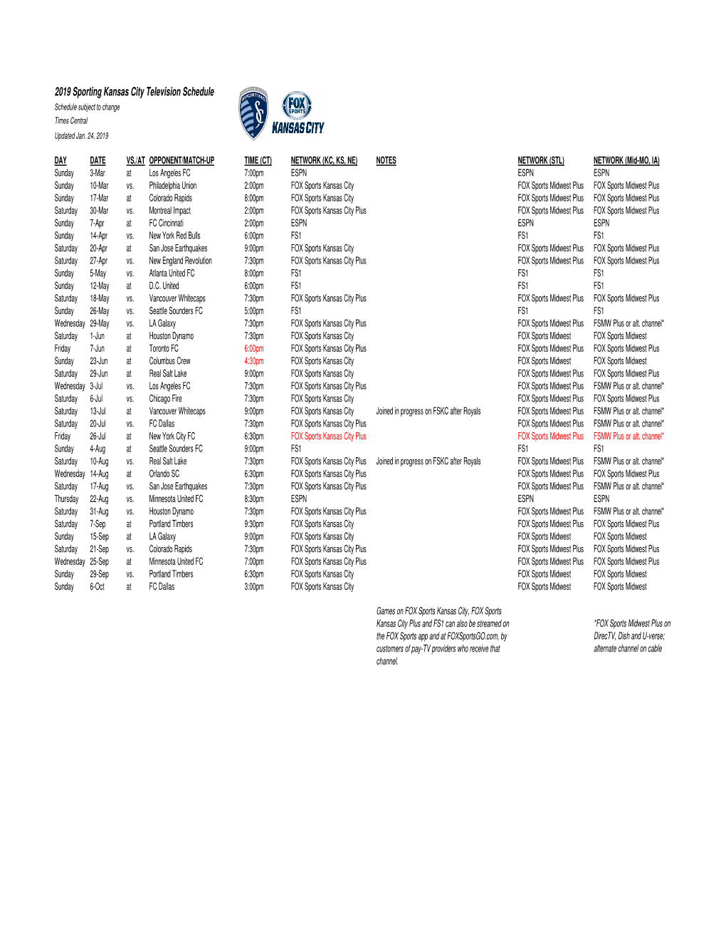2019 Sporting Kansas City TV Schedule.Xlsx