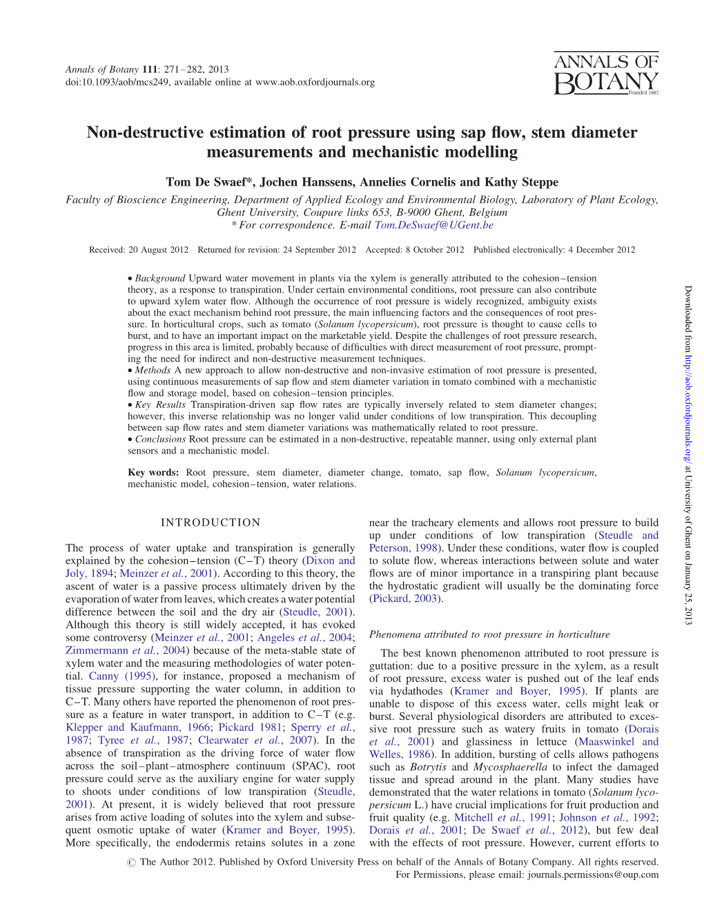 Non-Destructive Estimation of Root Pressure Using Sap Flow, Stem