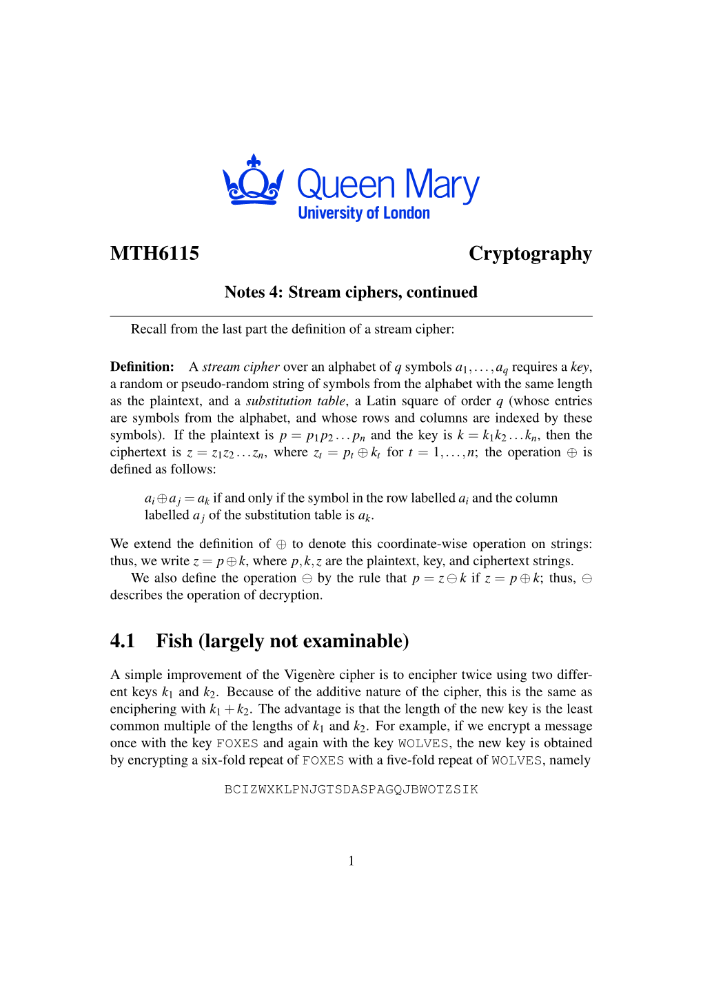 MTH6115 Cryptography 4.1 Fish