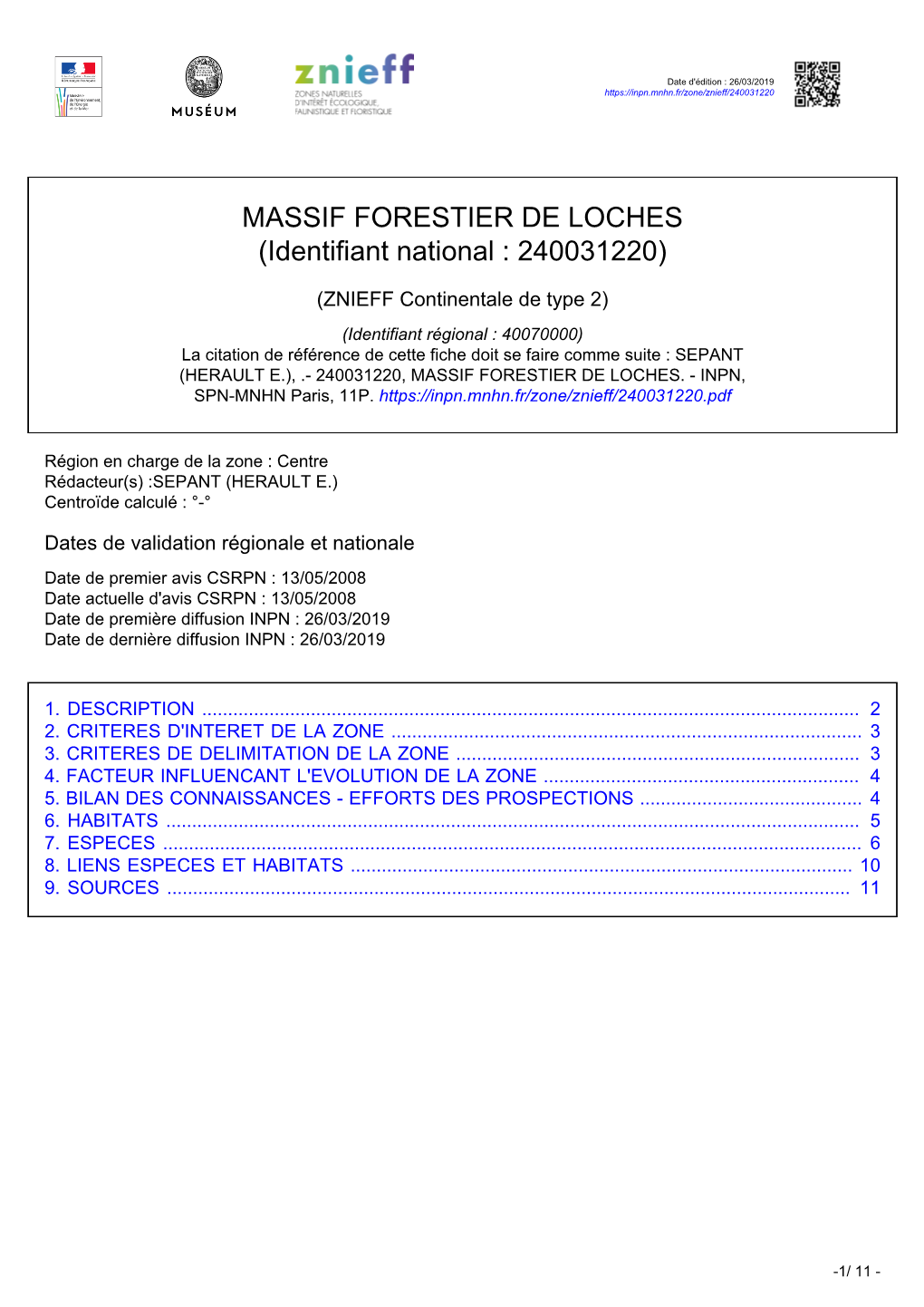 MASSIF FORESTIER DE LOCHES (Identifiant National : 240031220)