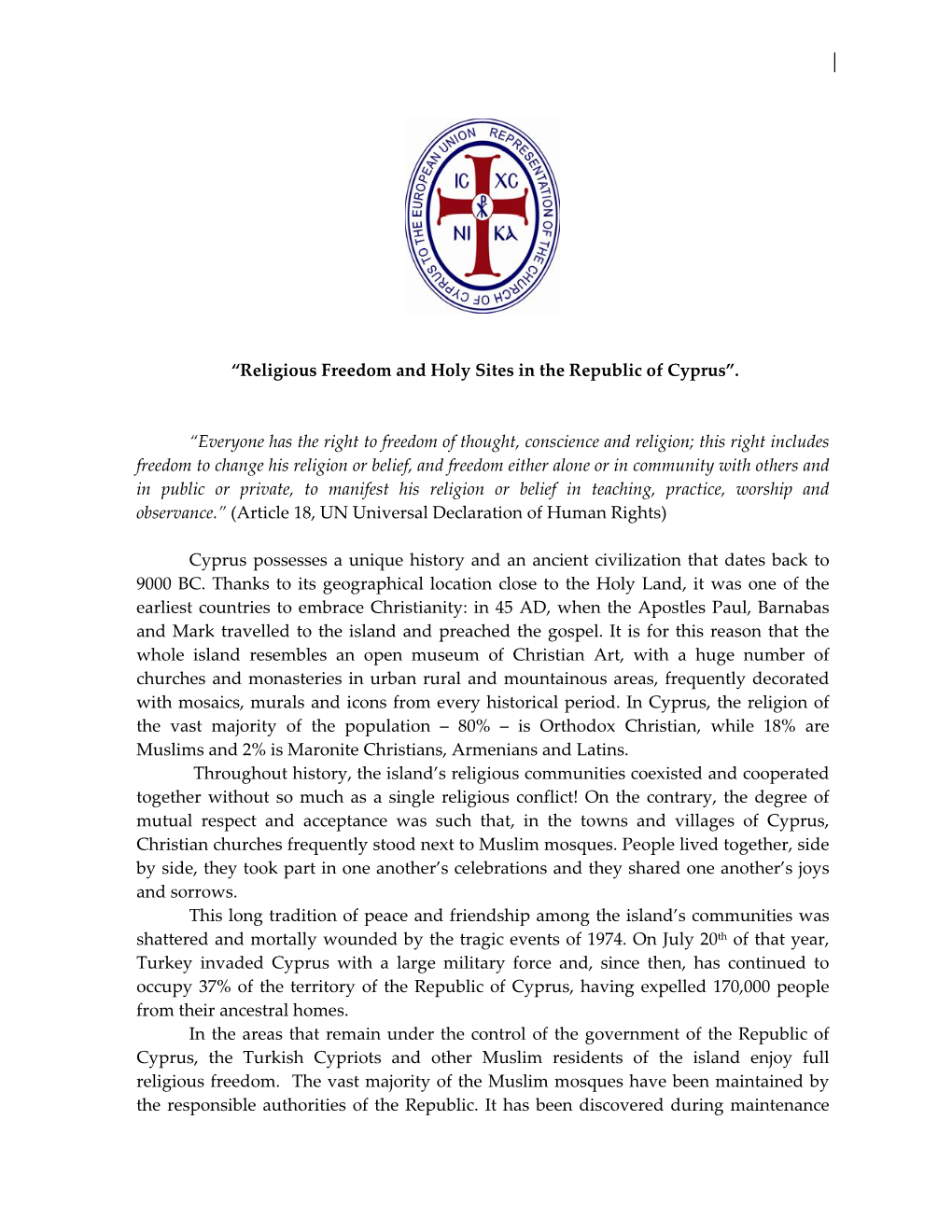“Religious Freedom and Holy Sites in the Republic of Cyprus”