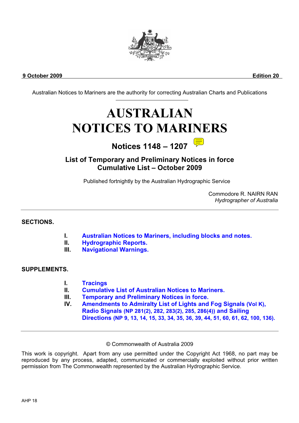 Australian Notices to Mariners Are the Authority for Correcting Australian Charts and Publications