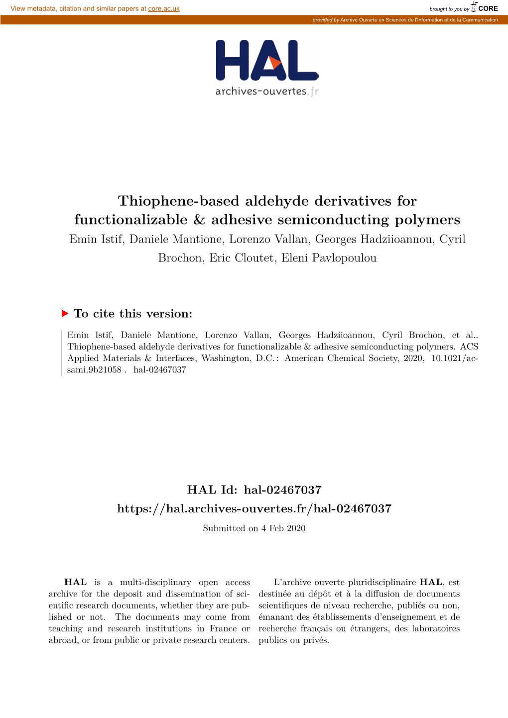 Thiophene-Based Aldehyde Derivatives for Functionalizable