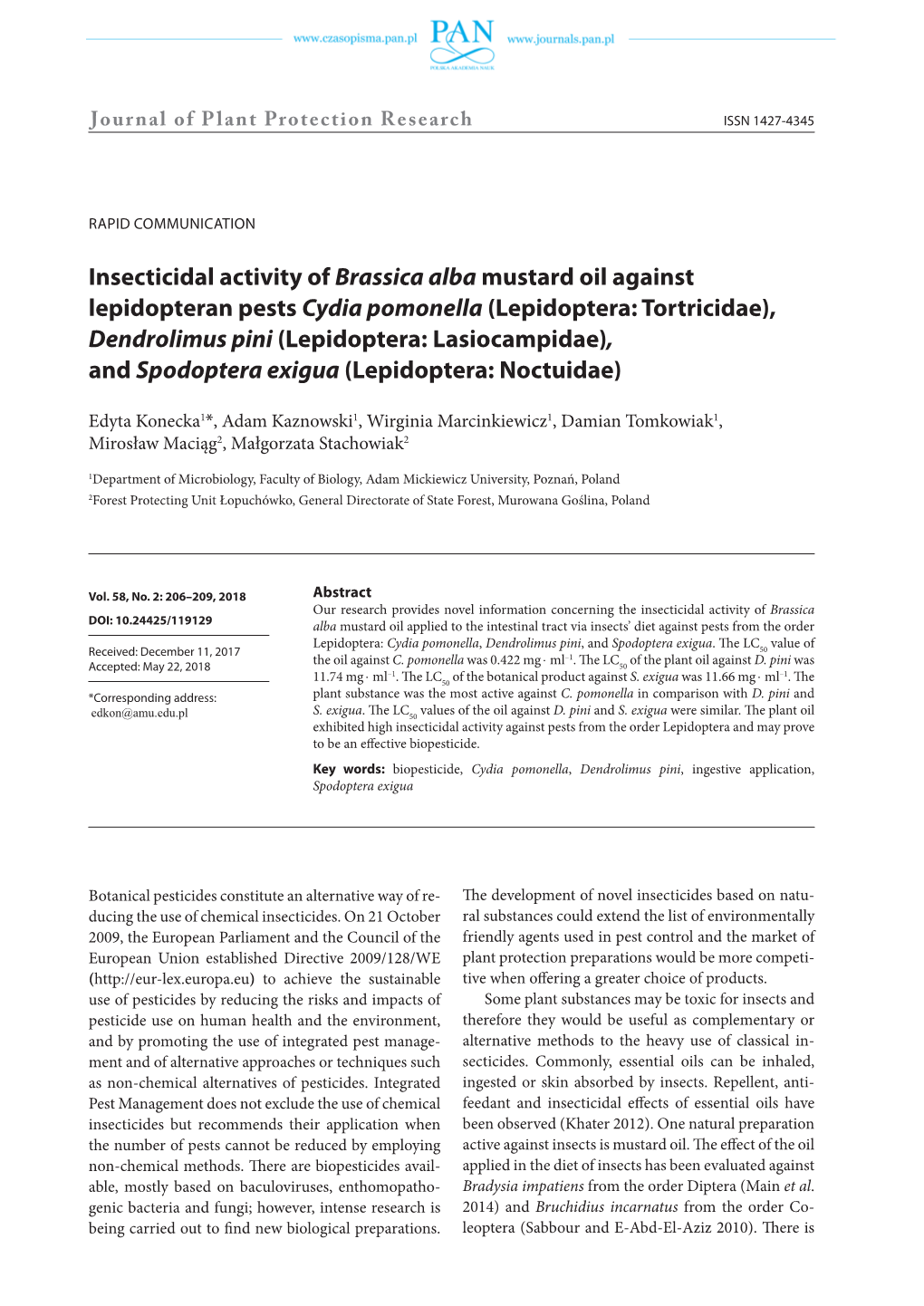 Insecticidal Activity of Brassica Alba Mustard Oil Against Lepidopteran