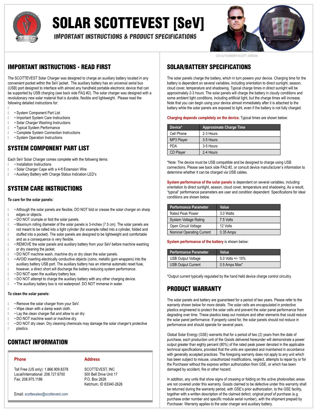 SOLAR SCOTTEVEST [Sev] IMPORTANT INSTRUCTIONS & PRODUCT SPECIFICATIONS