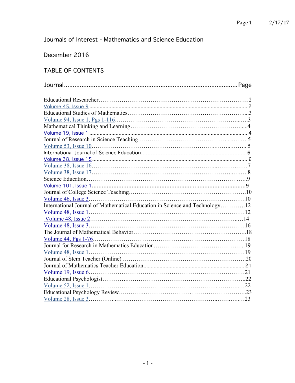 Journals of Interest - Mathematics and Science Education