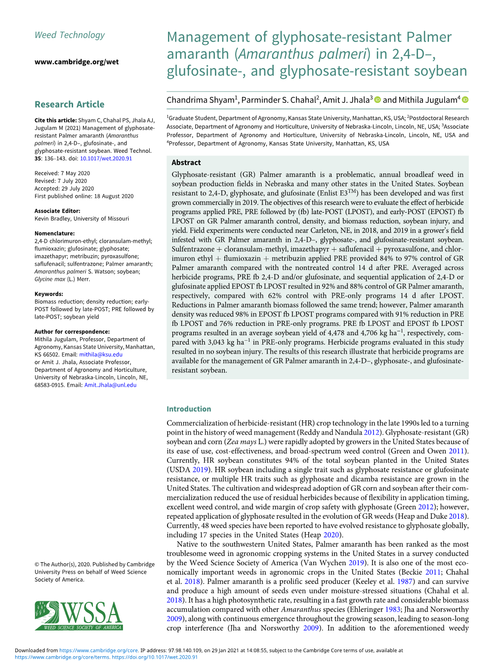 Amaranthus Palmeri) in 2,4-D , Glufosinate-, and Glyphosate-Resistant Soybean