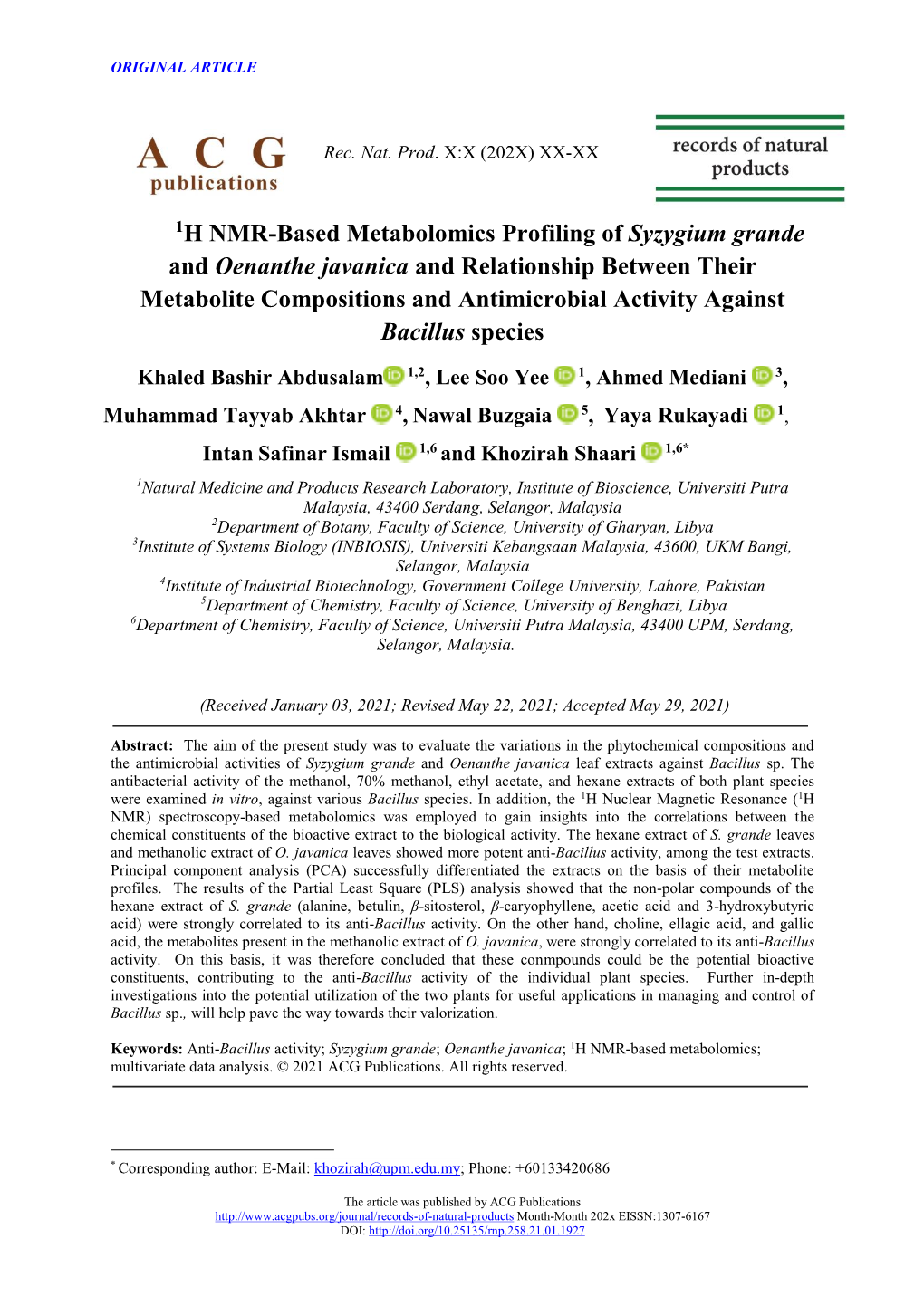 1H NMR-Based Metabolomics Profiling of Syzygium Grande And