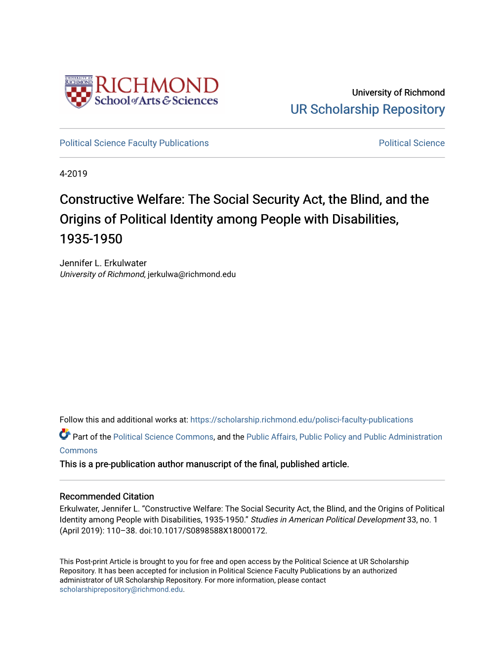 The Social Security Act, the Blind, and the Origins of Political Identity Among People with Disabilities, 1935-1950