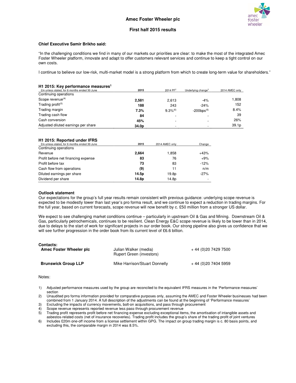 Amec Foster Wheeler Plc First Half 2015 Results