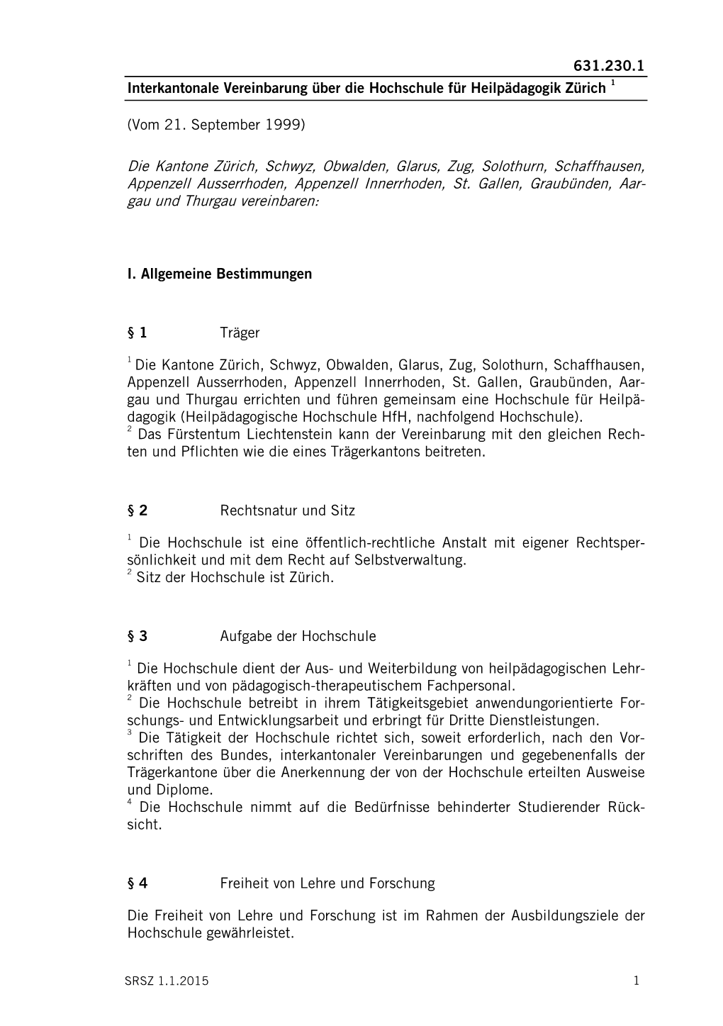 631.230.1 Interkantonale Vereinbarung Über Die Hochschule Für Heilpädagogik Zürich 1